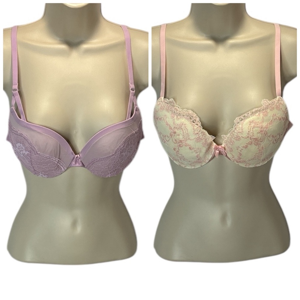 2 Women's Maidenform Underwire Push Up Lace Demi Bra Size 34B Lavender/Pink